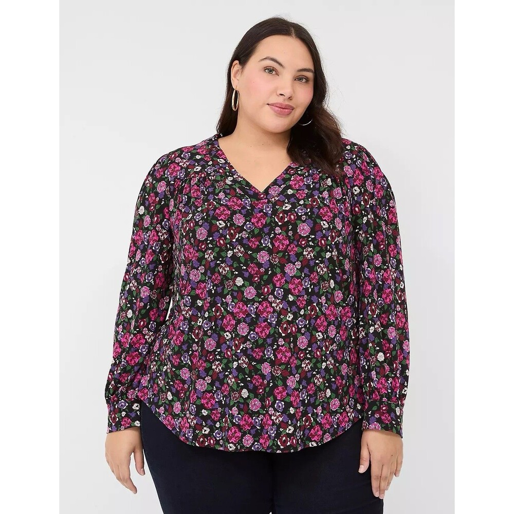 Lane Bryant Womens Black Floral V-Neck Long Sleeve Jersey Blouse Top Size 22/24